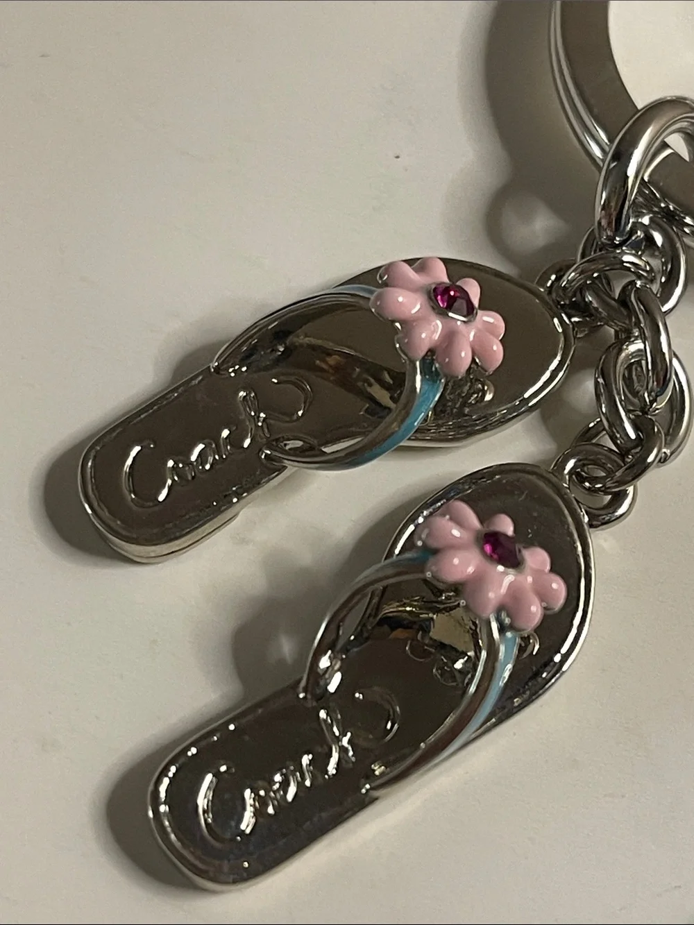COACH Flip Flop Charm Keychain with Pink Flower Accents and Coach Pen